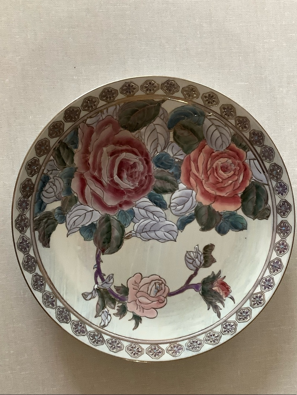 TOYO Hand-Painted Floral Porcelain Plate with Pink Roses